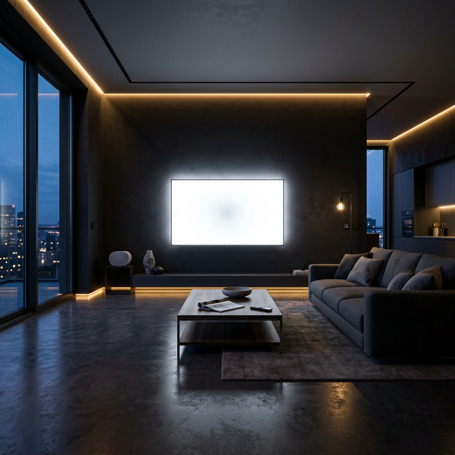 Sala de estar inteligente com TV e iluminação LED azul